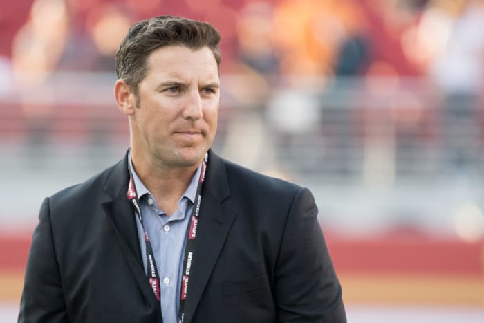 August 19, 2017; Santa Clara, CA, USA; San Francisco 49ers vice president of player personnel Adam Peters before the game against the Denver Broncos at Levi's Stadium. The Broncos defeated the 49ers 33-14.